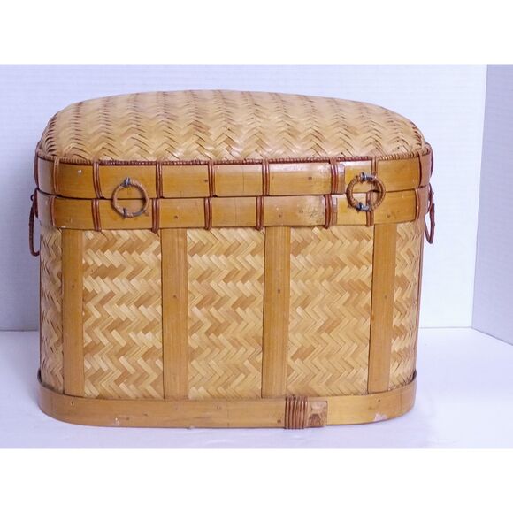 Vintage Asian Chinoiserie Herringbone Woven Ratan Wicker Lidded Basket 1960’s - Picture 9 of 12